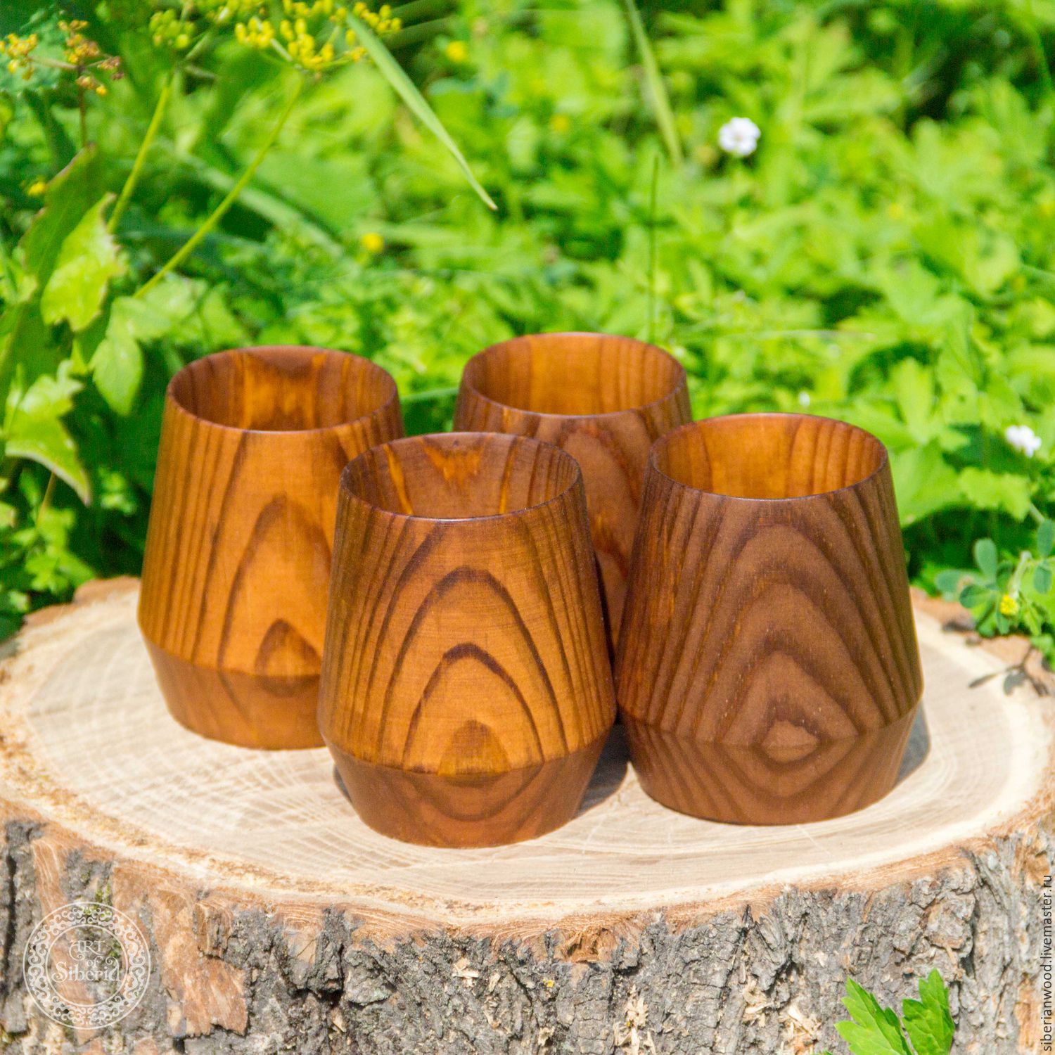 Набор деревянных стаканов (бокалов) из древесины кедра 4 штуки.  NC13
