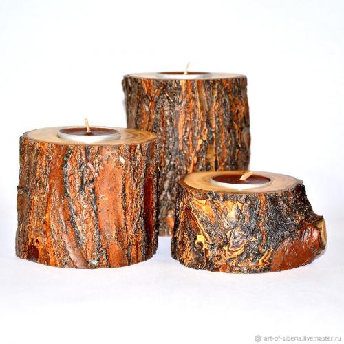 Набор текстурированных подсвечников ручной работы из натурального дерева -вяз-3 шт. WC19