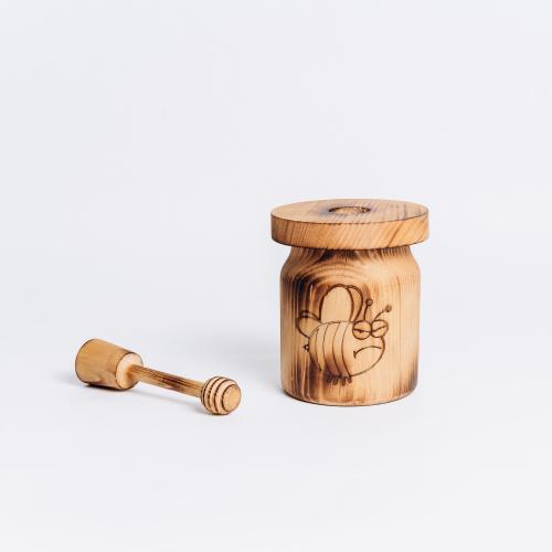 Деревянная чашка (бочонок) для мёда с крышкой и ложечкой для меда из древесины кедра. KD4